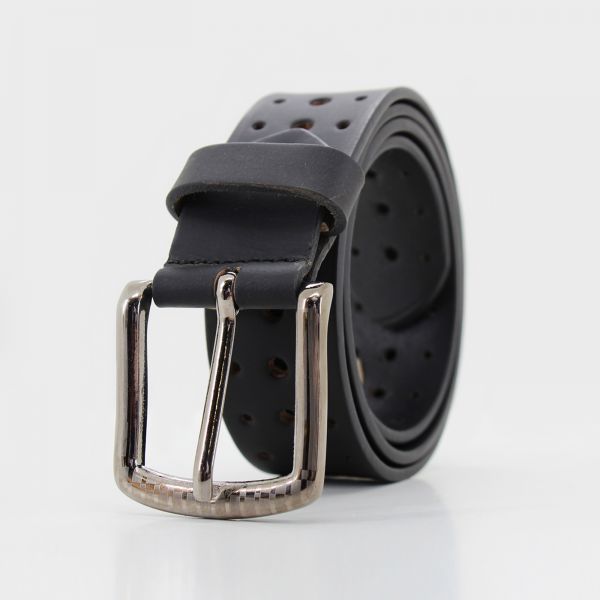 Mens Leather Jeans Belt with Brushed Silver Buckle