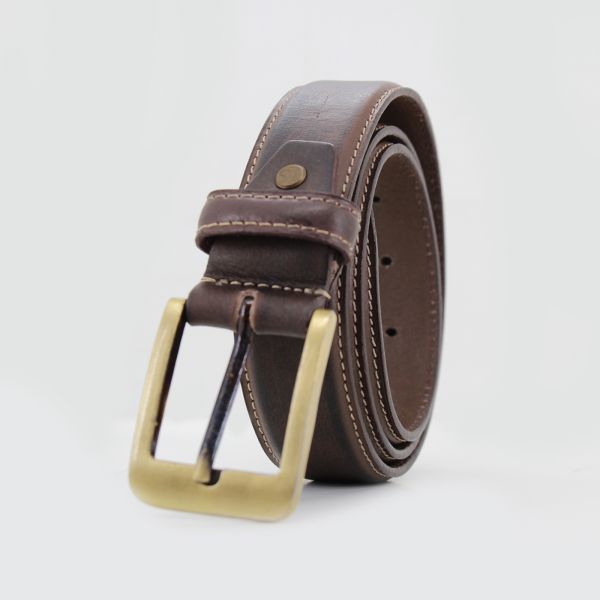 Mens Leather Dress Belt with Brushed Brass Buckle